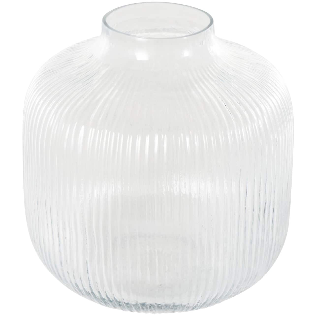 11" Clear Glass Short Round Ribbed Fluted Decorative Vase